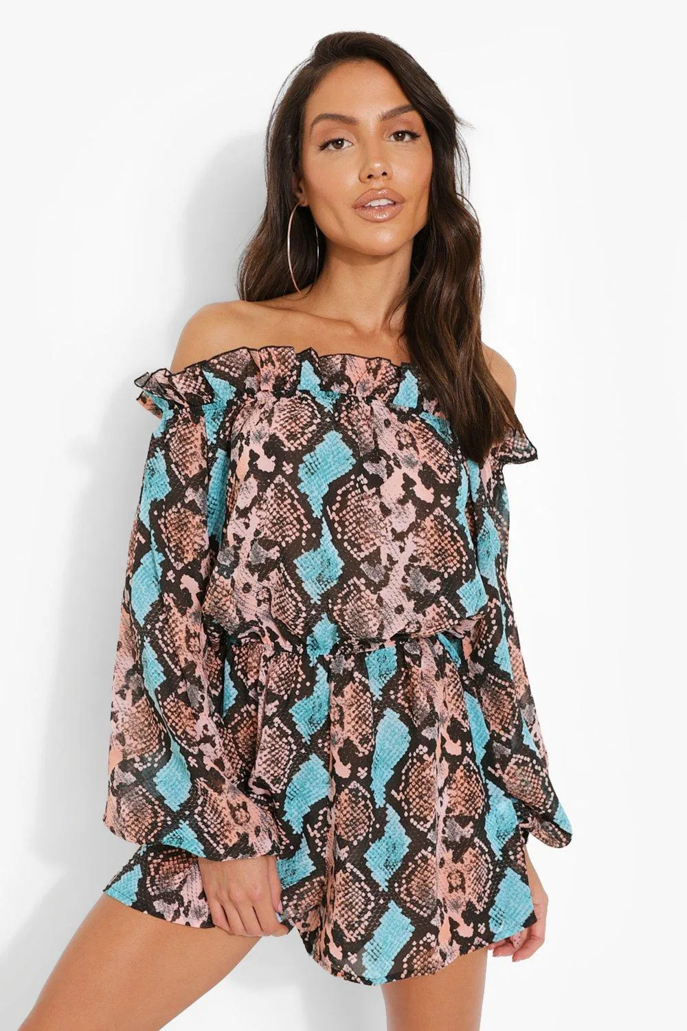 Snake Print Frill Off The Shoulder Beach Romper