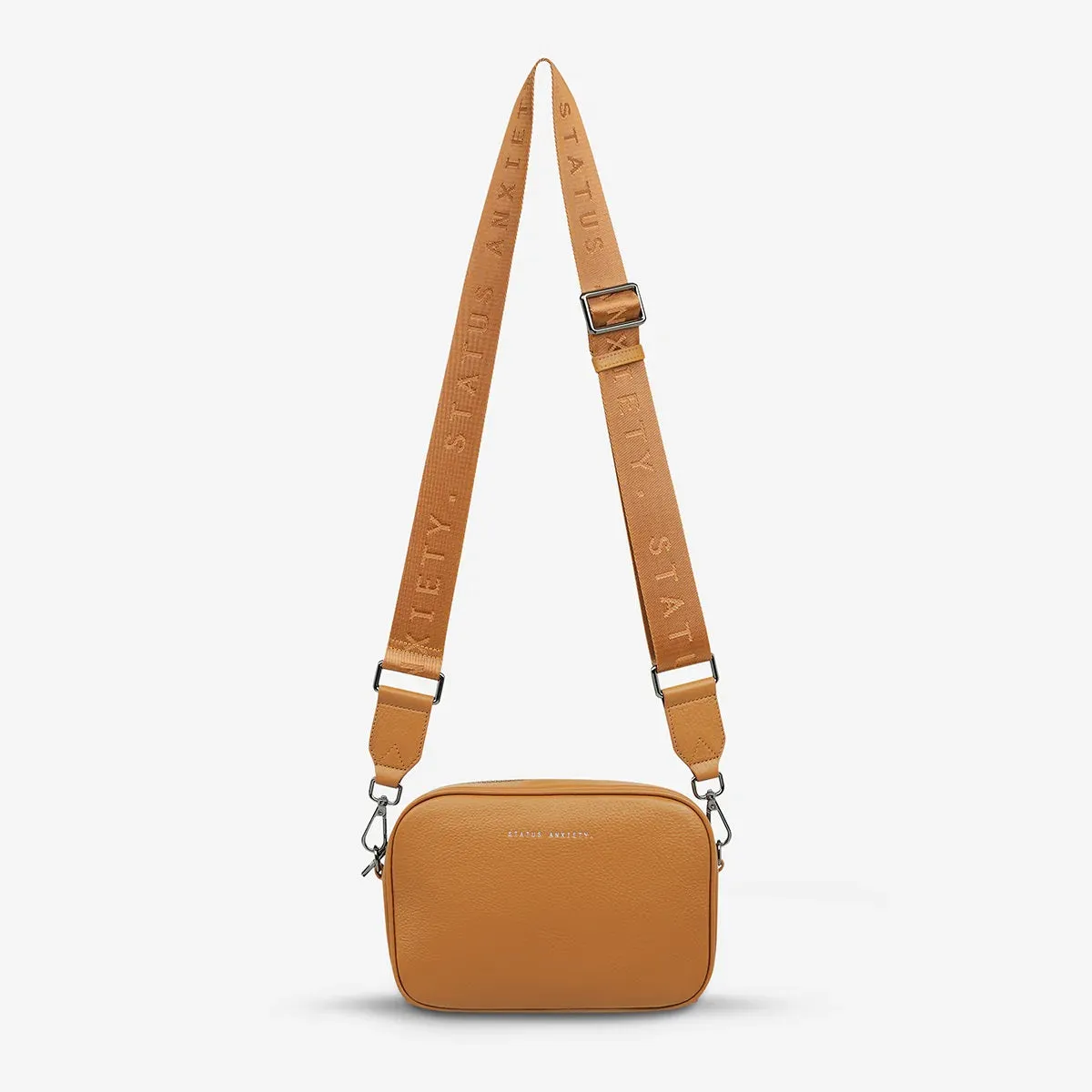 STATUS ANXIETY Womens Plunder Cross Body Leather Bag with Webbed Strap Tan