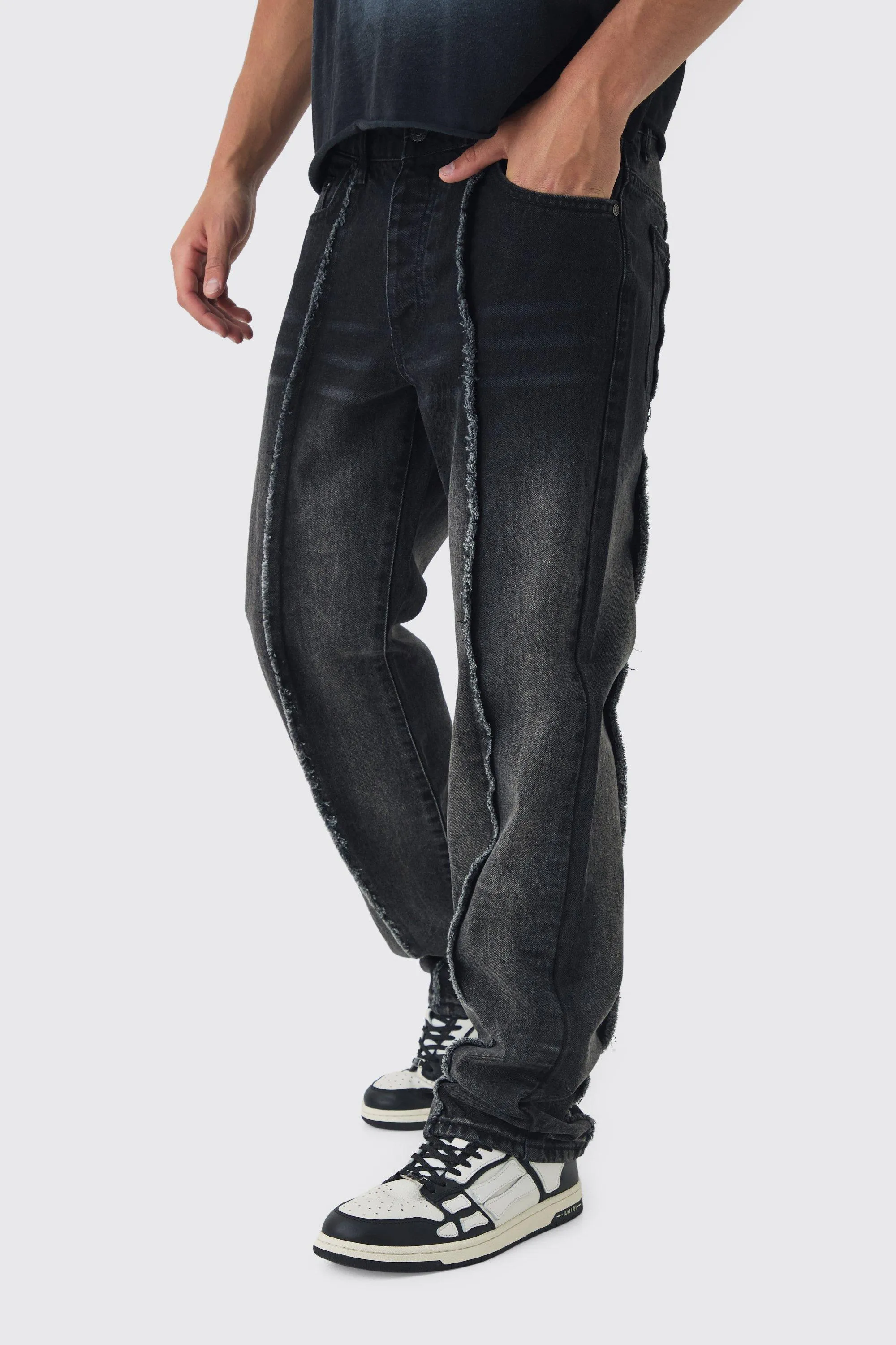 Straight Leg Washed Black Raw Seam Jeans