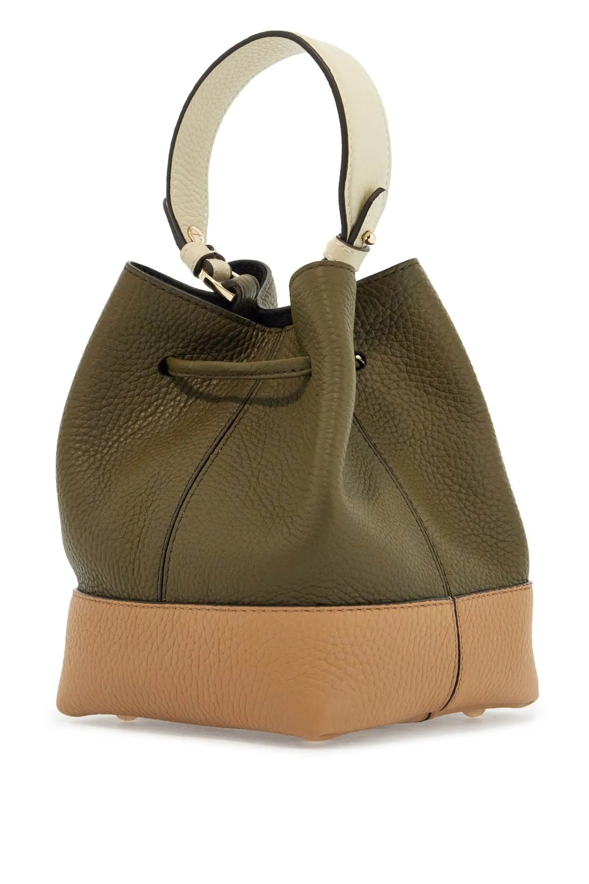 Strathberry Khaki And Caramel Calf Leather Bag With Drawstring Closure And Golden Finishes