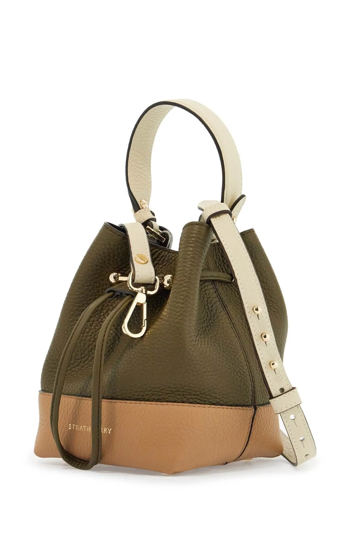 Strathberry Khaki And Caramel Calf Leather Bag With Drawstring Closure And Golden Finishes