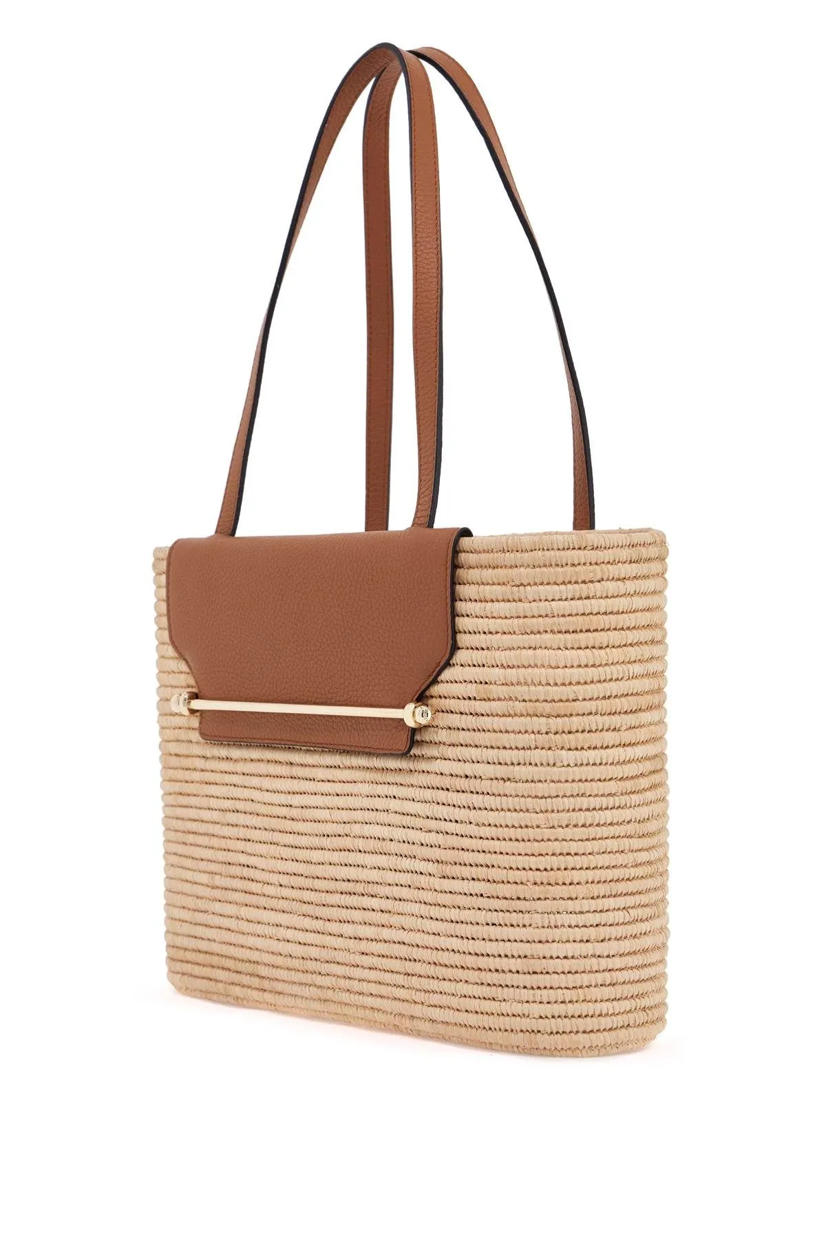 Strathberry Medium Basket Bag In Natural Raffia With Leather Details And Metal Closure