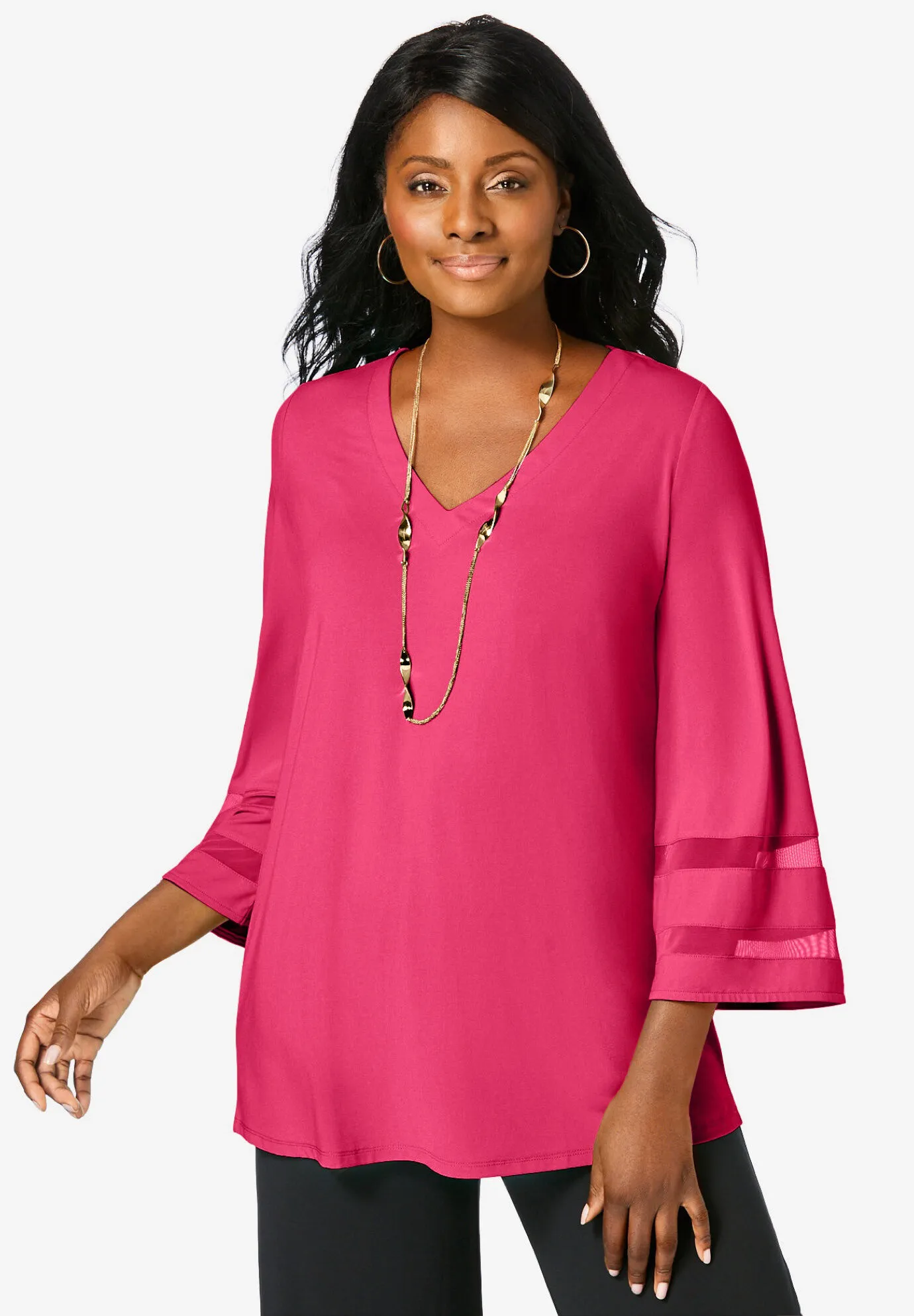 Stretch Knit Mesh Inset Sleeve Tunic