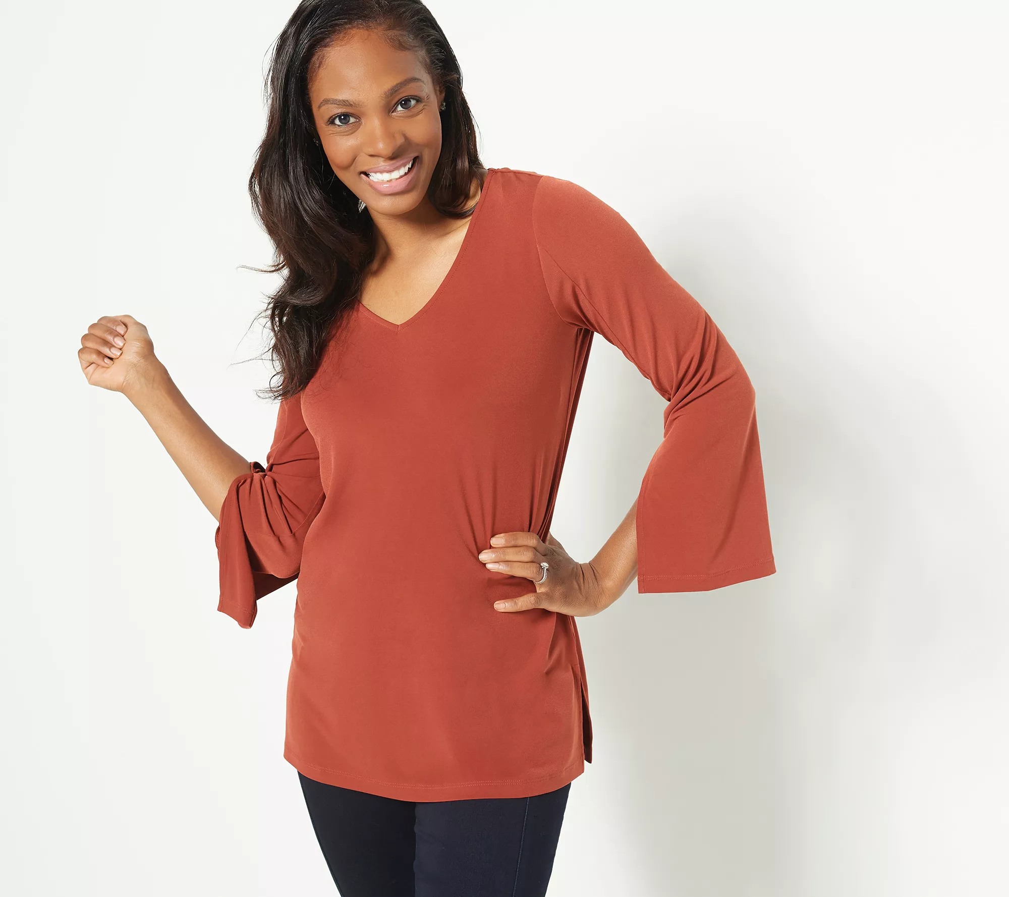 Susan Graver Petite Liquid Knit V-Neck Split Sleeve Tunic