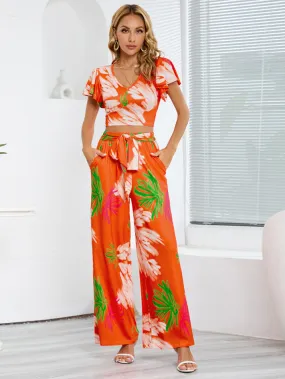 Two Piece Printed Crop Top and Belted High waist wide Pants Set