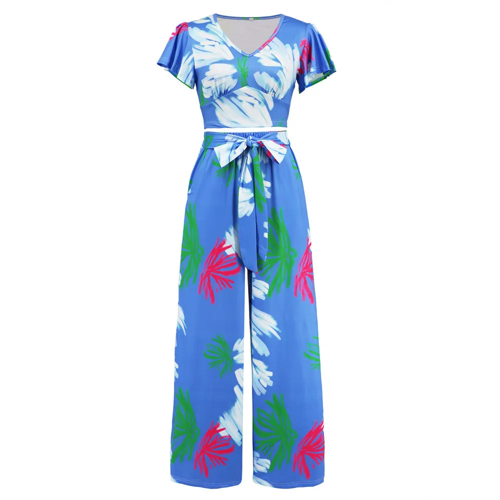 Two Piece Printed Crop Top and Belted High waist wide Pants Set