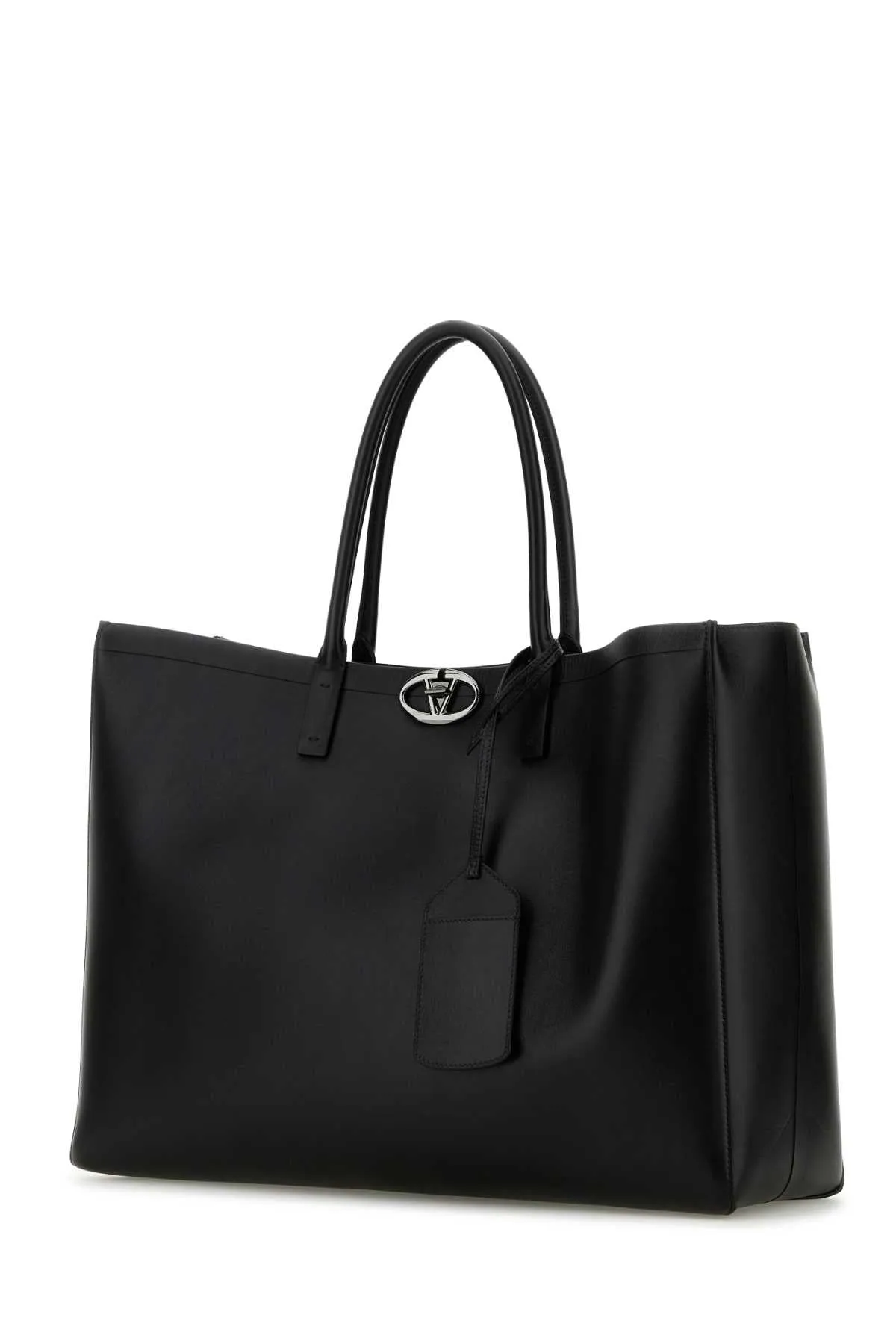 Valentino Garavani Black Leather V Logo Shopping Bag