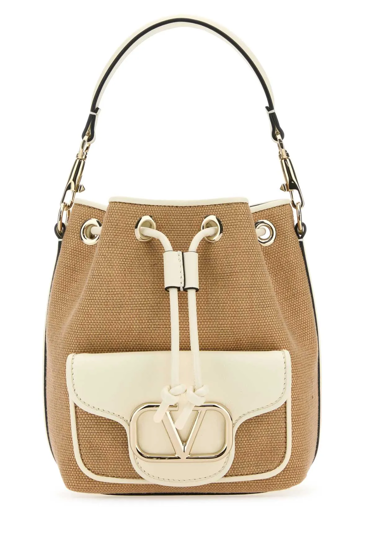 Valentino Garavani Two Tone Raffia Leather Loc Bucket Bag