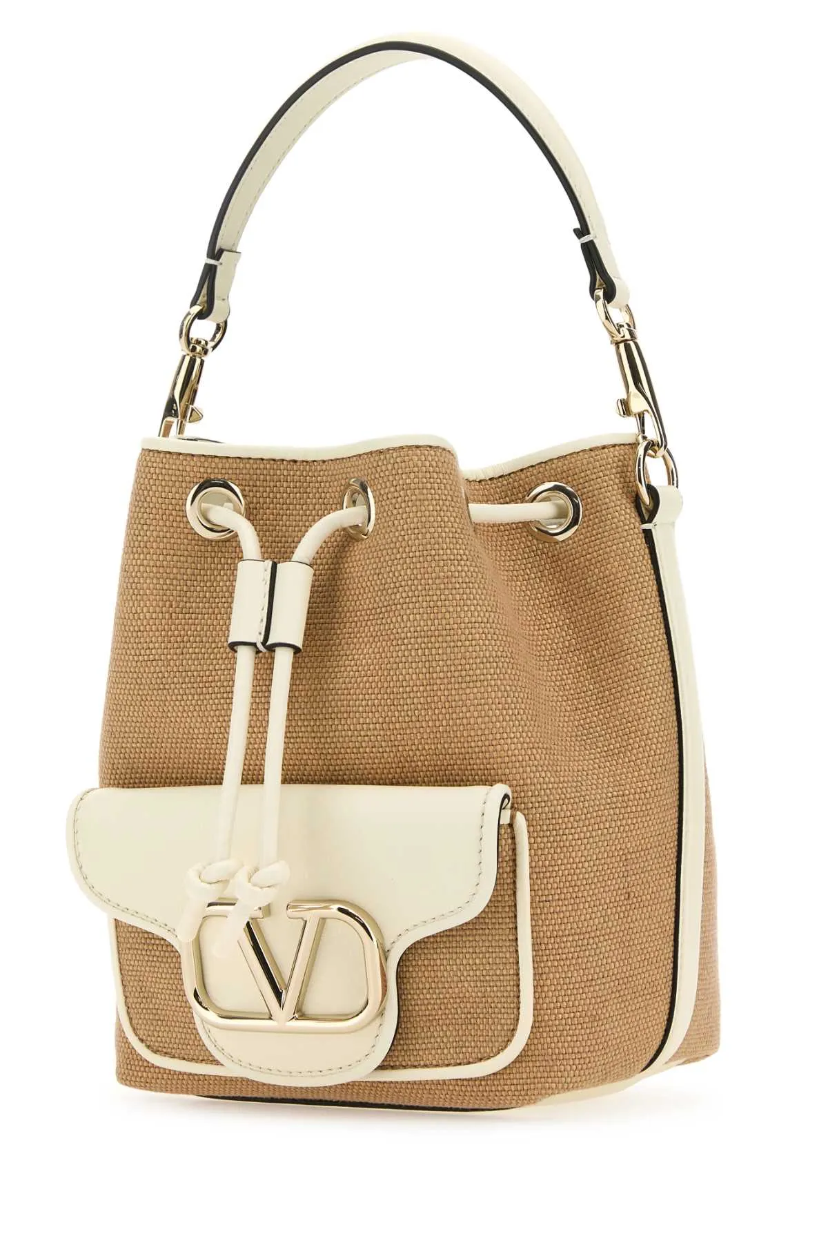 Valentino Garavani Two Tone Raffia Leather Loc Bucket Bag