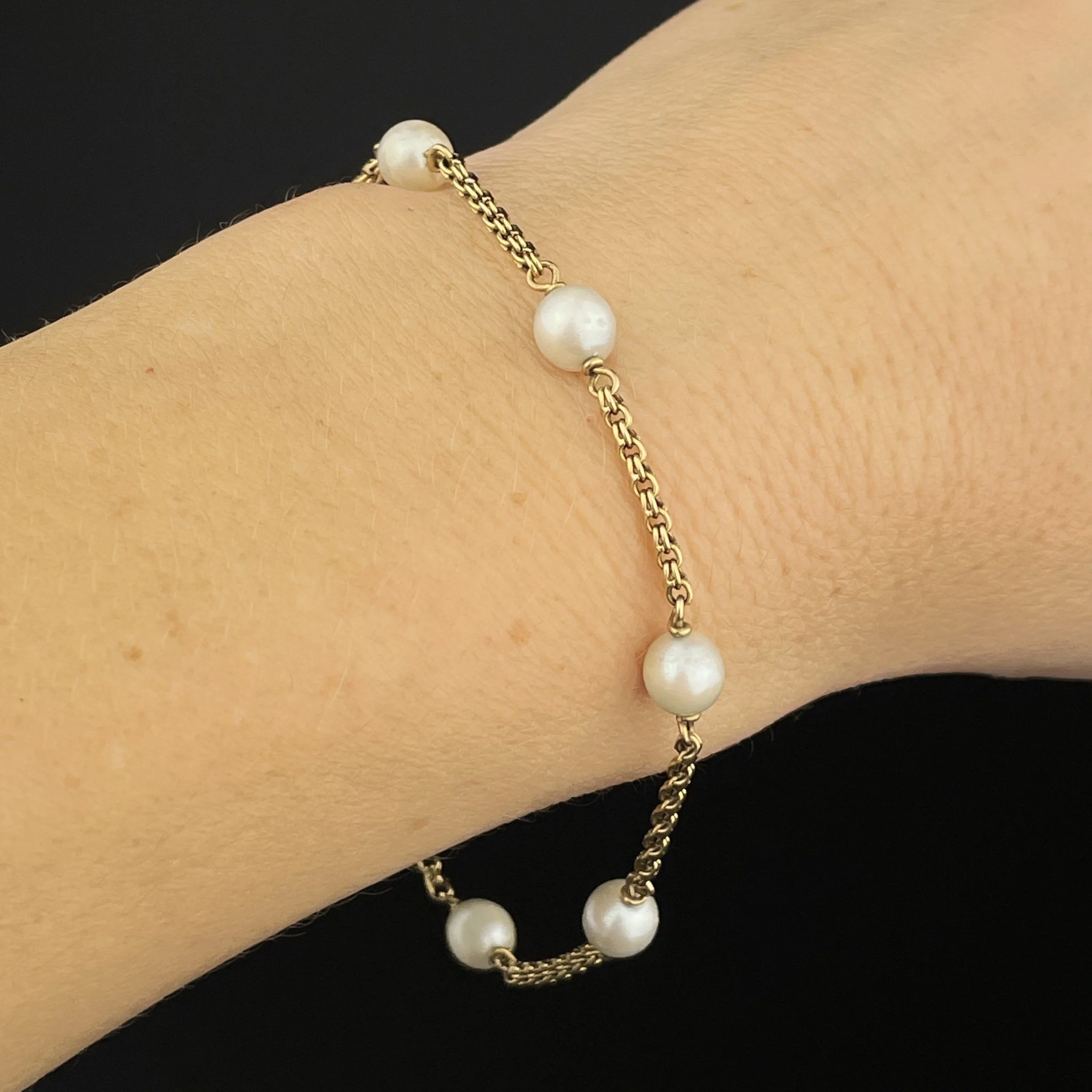 Vintage 10K Gold Pearl Tin Cup Chain Bracelet