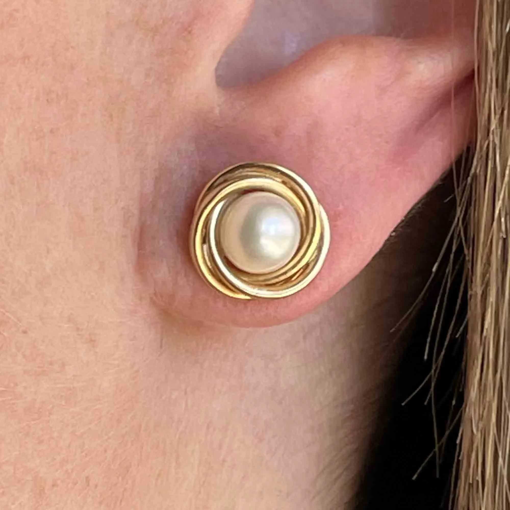 Vintage 14K Gold Love Knot Pearl Stud Earrings