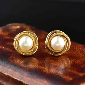 Vintage 14K Gold Love Knot Pearl Stud Earrings