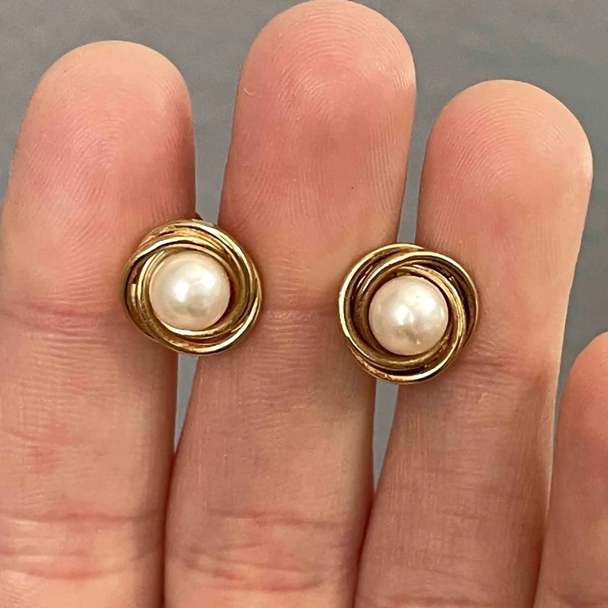 Vintage 14K Gold Love Knot Pearl Stud Earrings