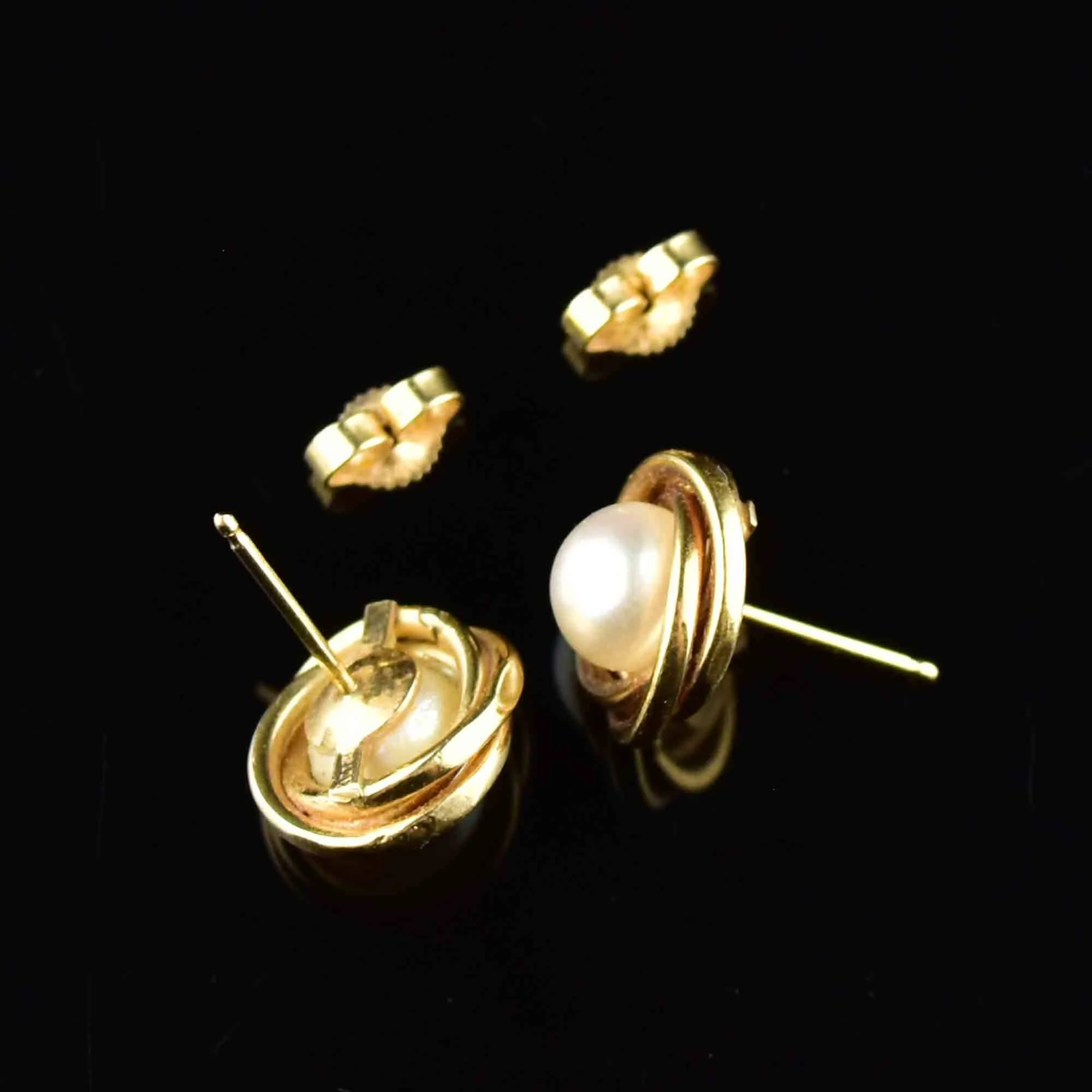 Vintage 14K Gold Love Knot Pearl Stud Earrings