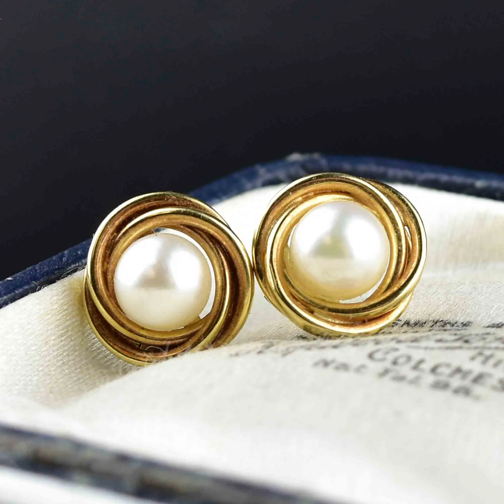 Vintage 14K Gold Love Knot Pearl Stud Earrings