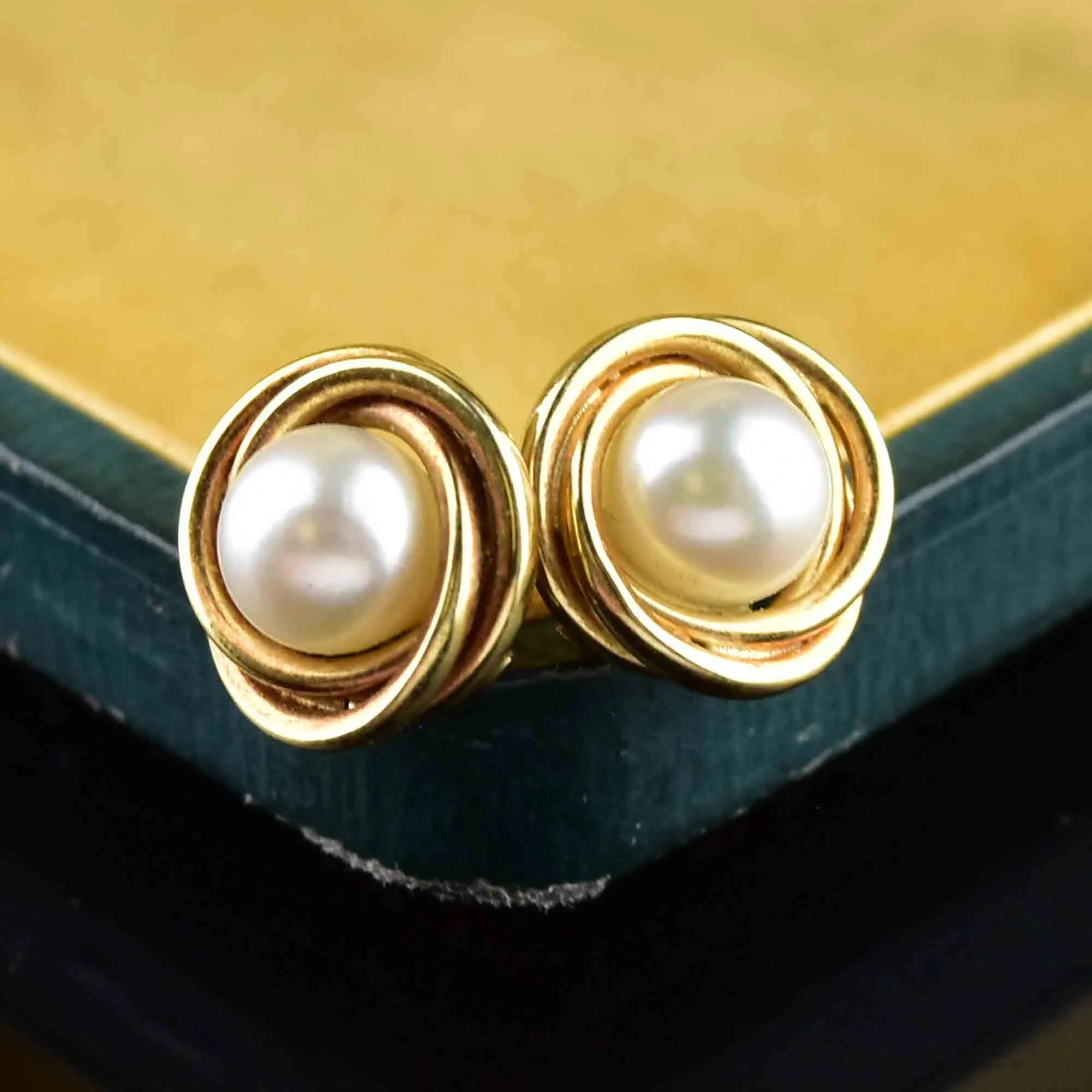 Vintage 14K Gold Love Knot Pearl Stud Earrings