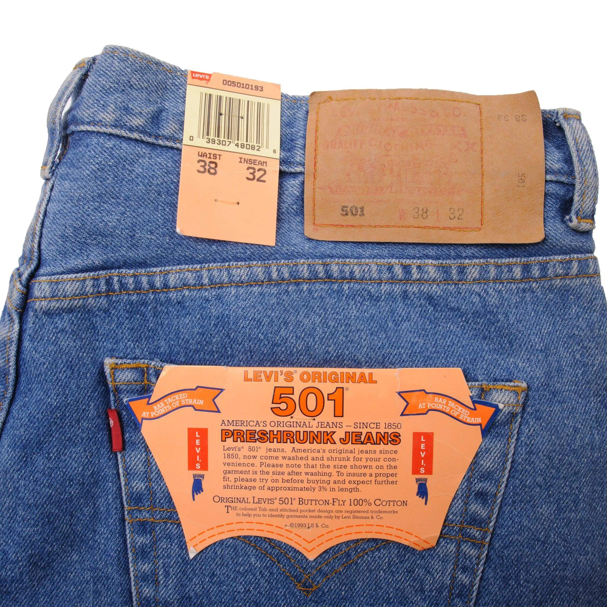 VINTAGE LEVIS 501 PRESHRUNK JEANS 1993 SIZE 38X32 W38 L32 MADE IN USA DEADSTOCK