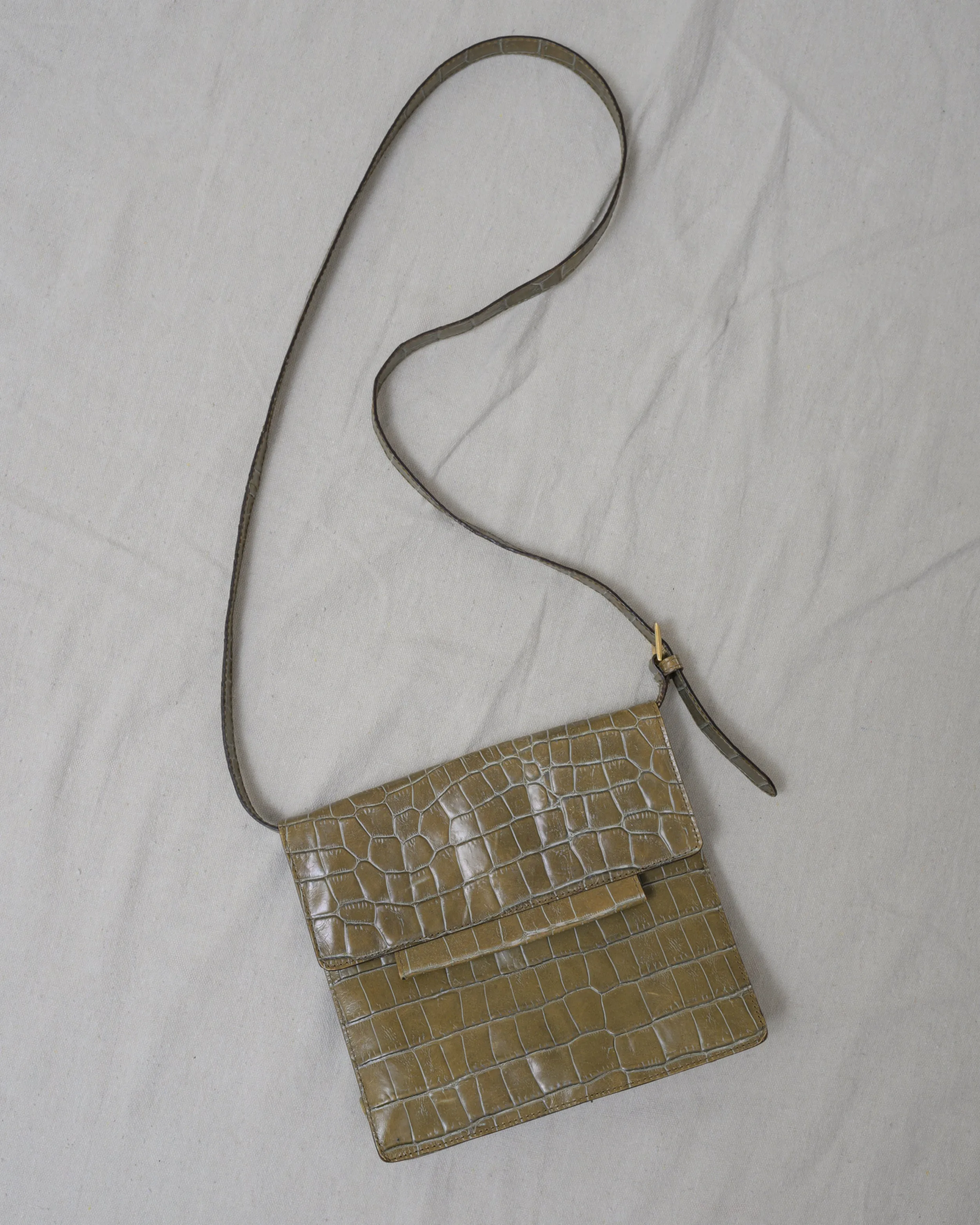 Vintage Olive Croc Embossed Leather Bag