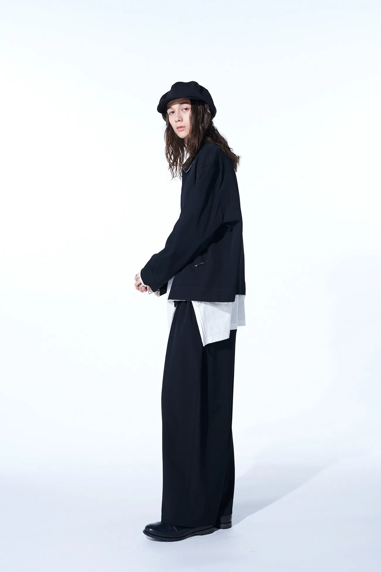 WASHER FINISHED WOOL GABARDINE DRAWSTRING WIDE PANTS