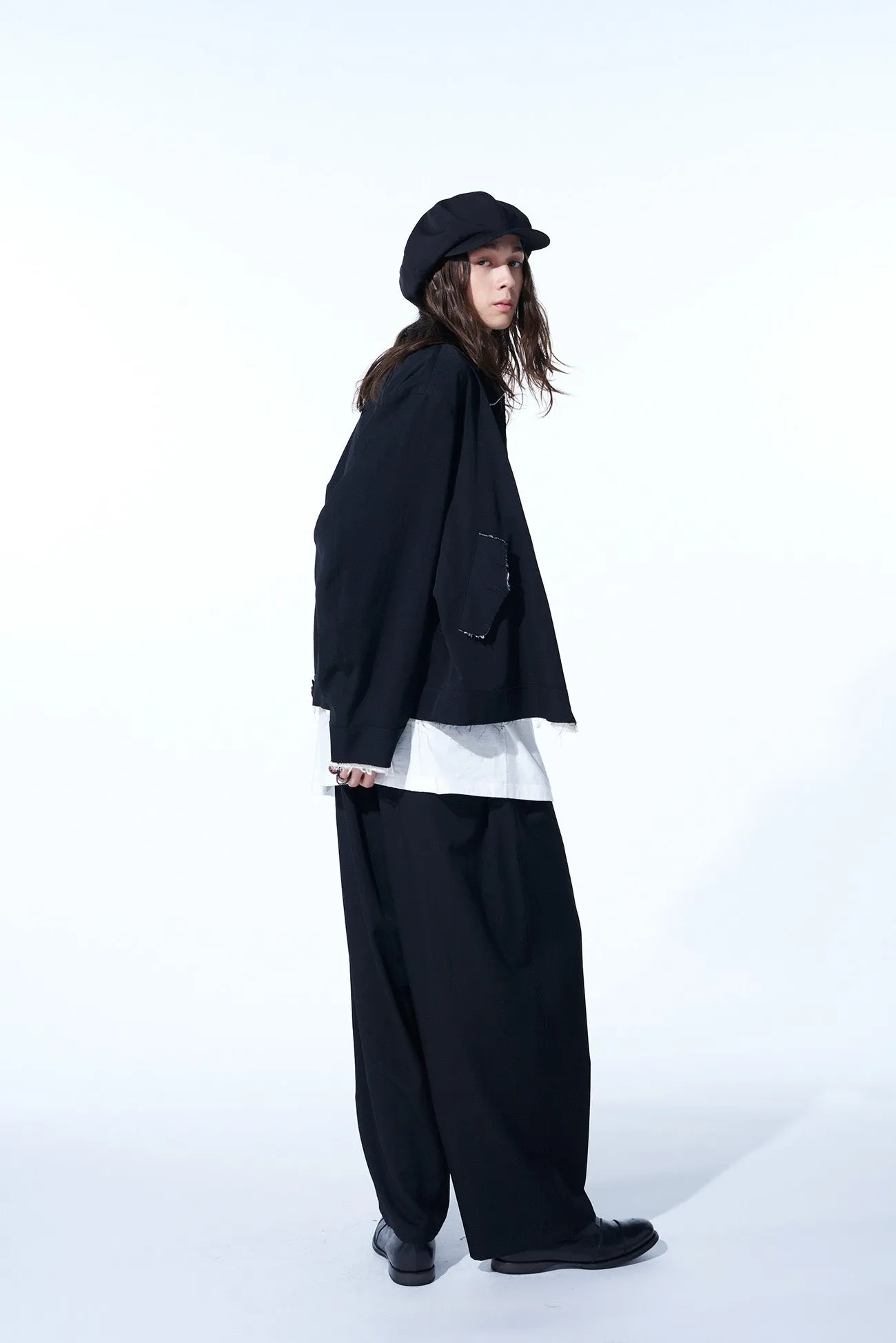 WASHER FINISHED WOOL GABARDINE DRAWSTRING WIDE PANTS