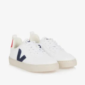 White & Navy Blue V-10 Lace-Up Trainers