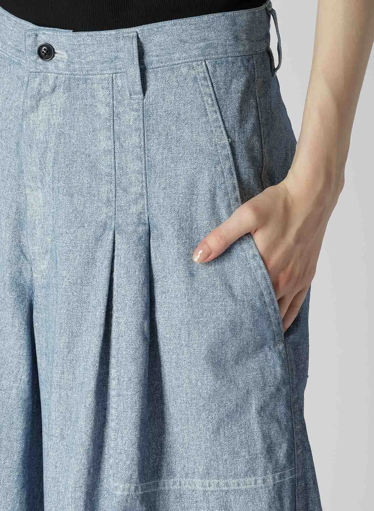 WHITE PIGMENT COATED DENIM PLEATED WIDE PANTS