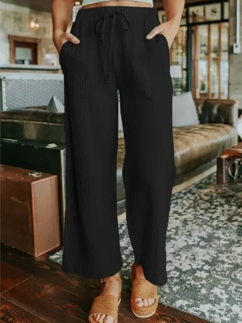 Women's Pants Elastic Waist Lace-Up Patch Pockets Wide Leg Pants