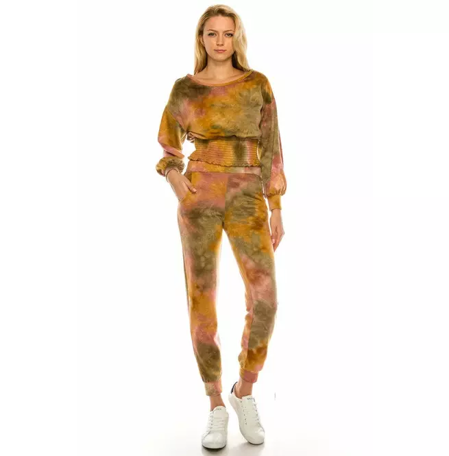 Women's Tie & Dye Smocked Waist French Terry Ribbed Tracksuit