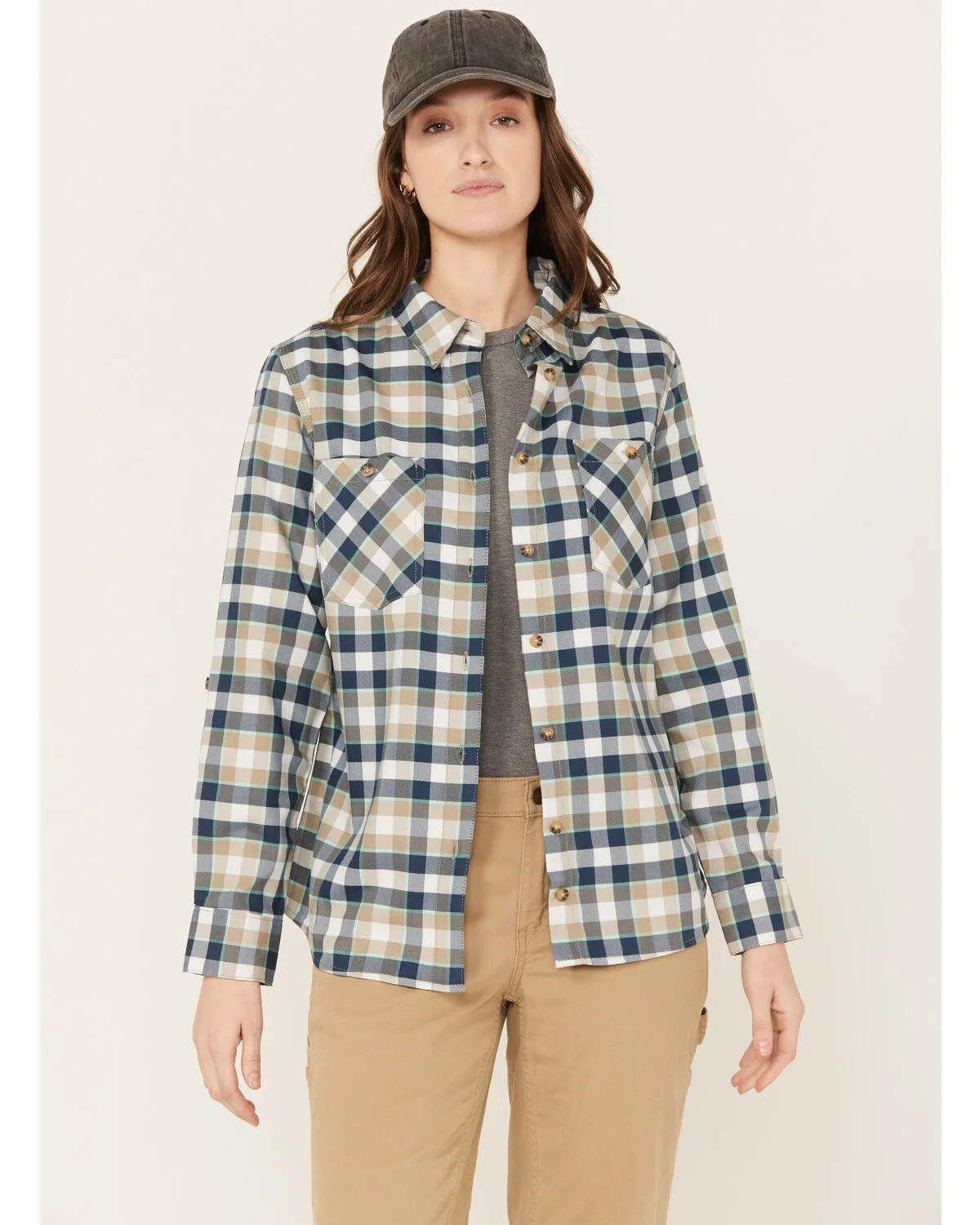 Wrangler Riggs Workwear Women's Plaid Print Long Sleeve Button Down Shirt