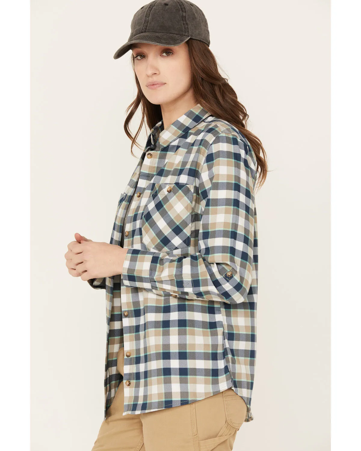 Wrangler Riggs Workwear Women's Plaid Print Long Sleeve Button Down Shirt